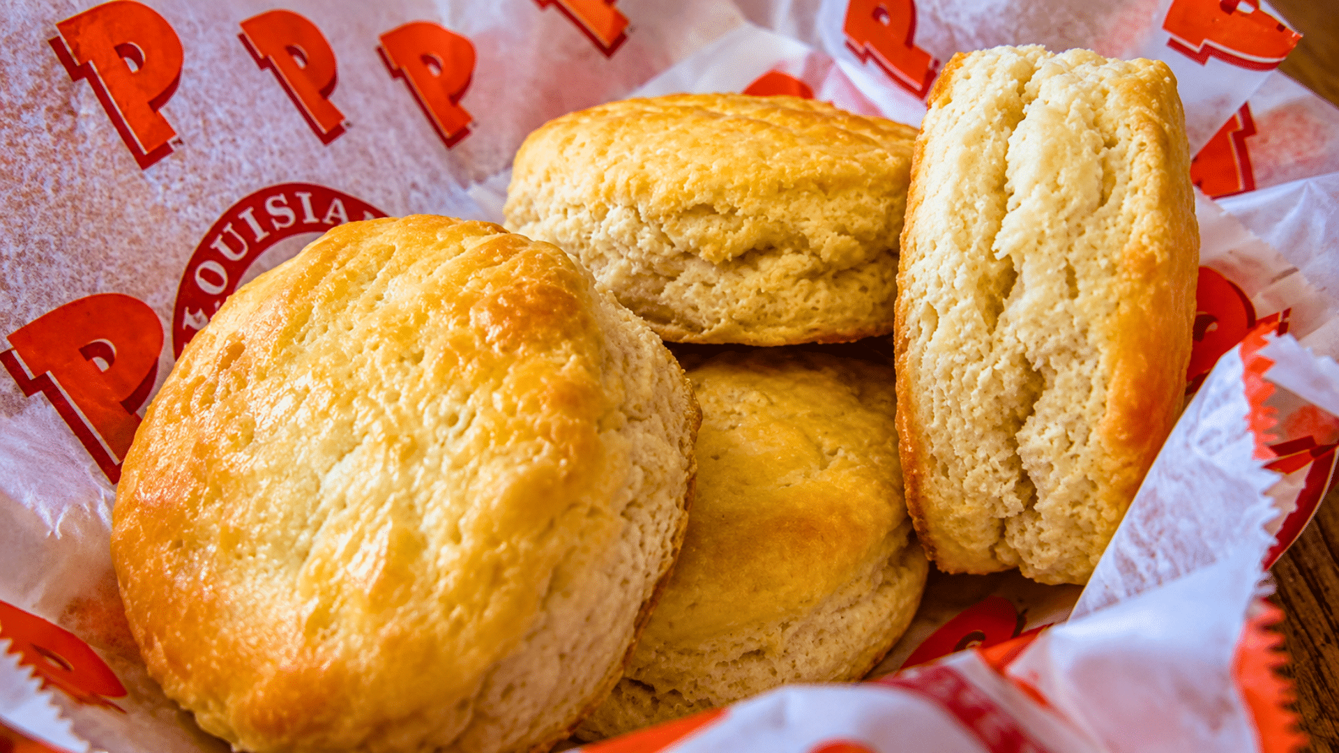 A close-up, warm-toned shot of four golden-brown, flaky Popeyes buttermilk biscuits piled in a basket lined with white and red branded wax paper; the biscuits have a distinctly layered, crispy texture.