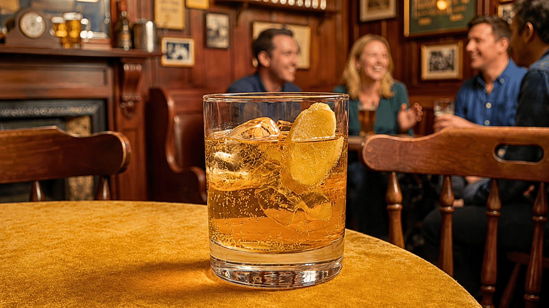A close-up shot of a bubbling glass of ginger ale filled with ice and a large wedge of fresh ginger, sitting on a gold-textured tabletop; in the soft-focus background, a group of friends laughs together inside a cozy, wooden-paneled pub.