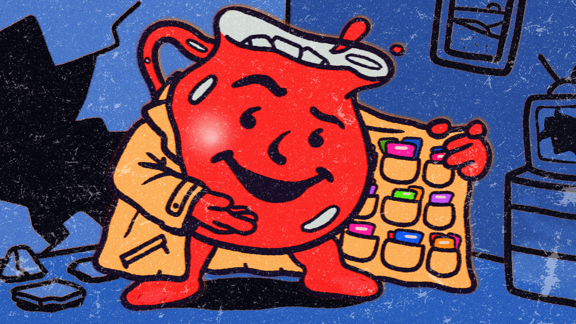 A vibrant, textured illustration of the Kool-Aid Man wearing a tan trench coat, opening it to reveal multiple hidden pockets filled with colorful flavor packets.