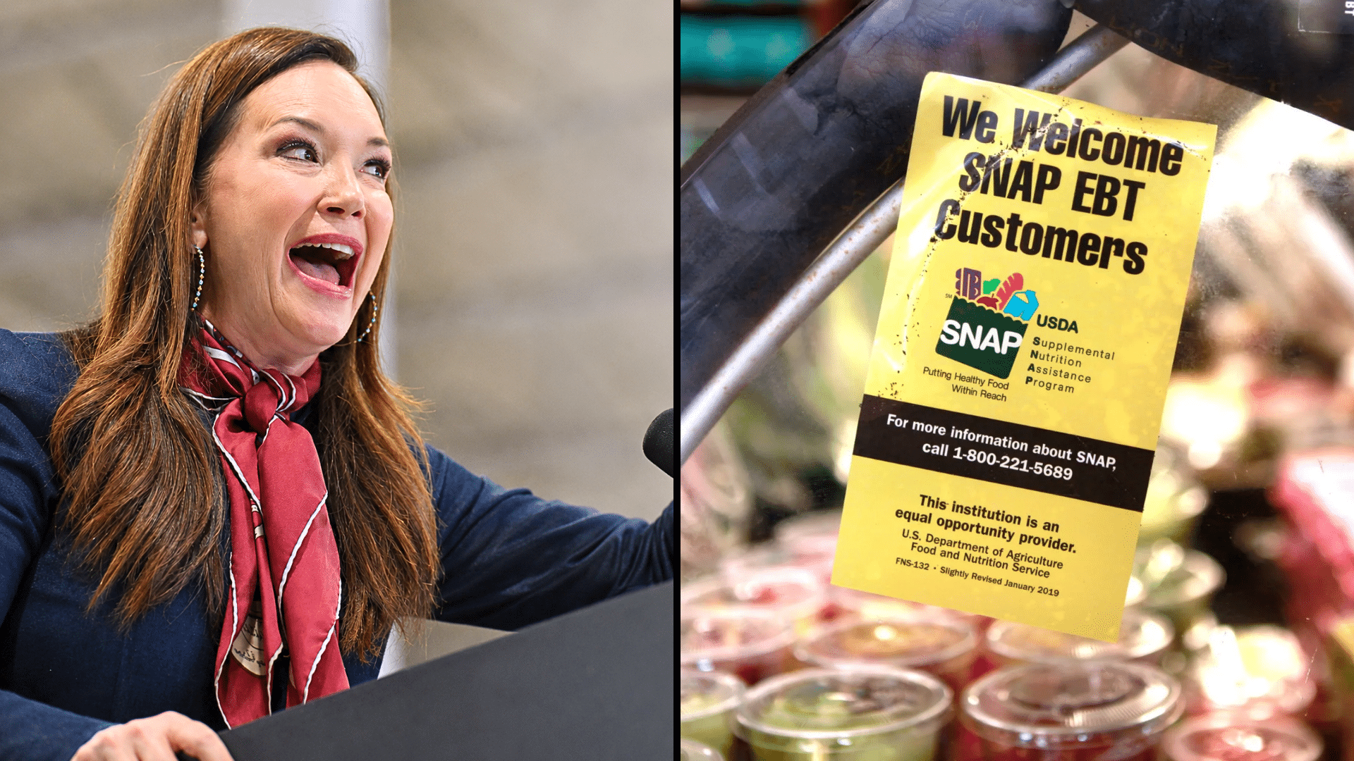 Woman speaking at podium beside sign welcoming SNAP EBT customers.