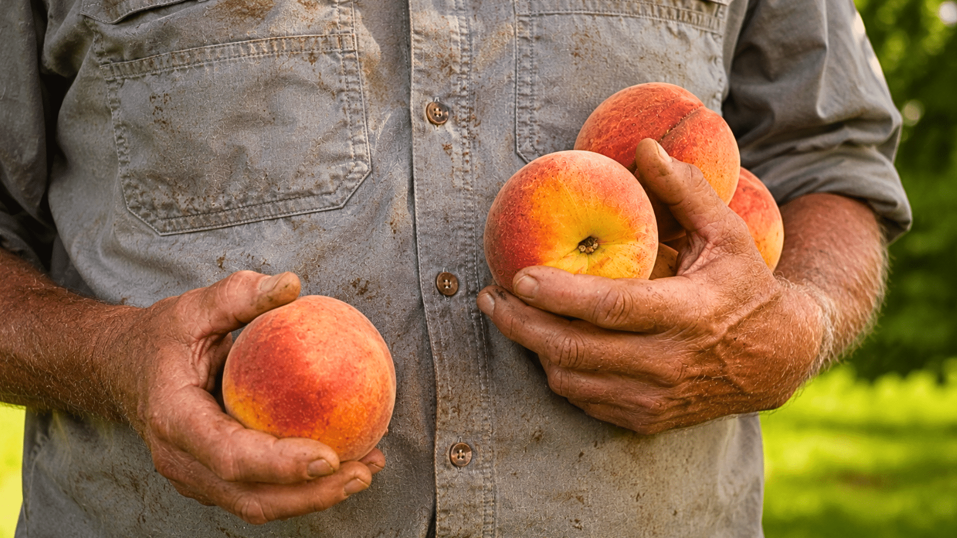 Farm worker holding freshly picked peaches in both hands at an orchard.
