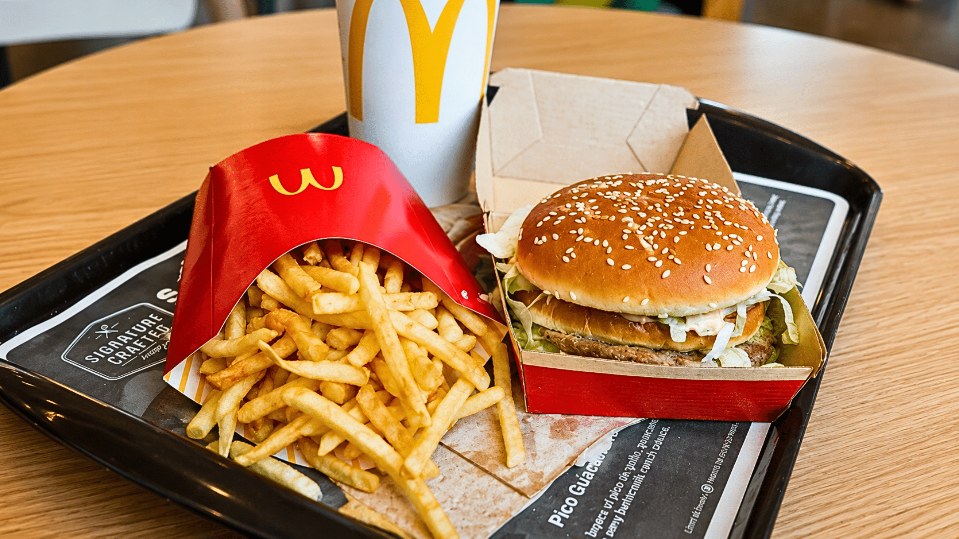 McDonald’s meal with a burger, fries, and soft drink on a restaurant tray.