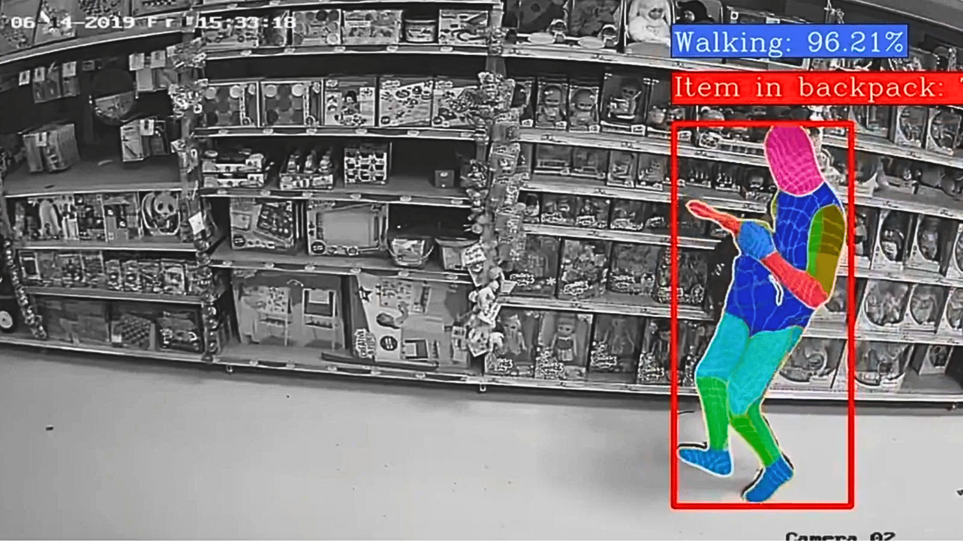 Security camera footage showing AI software tracking shopper movement in retail store aisle.