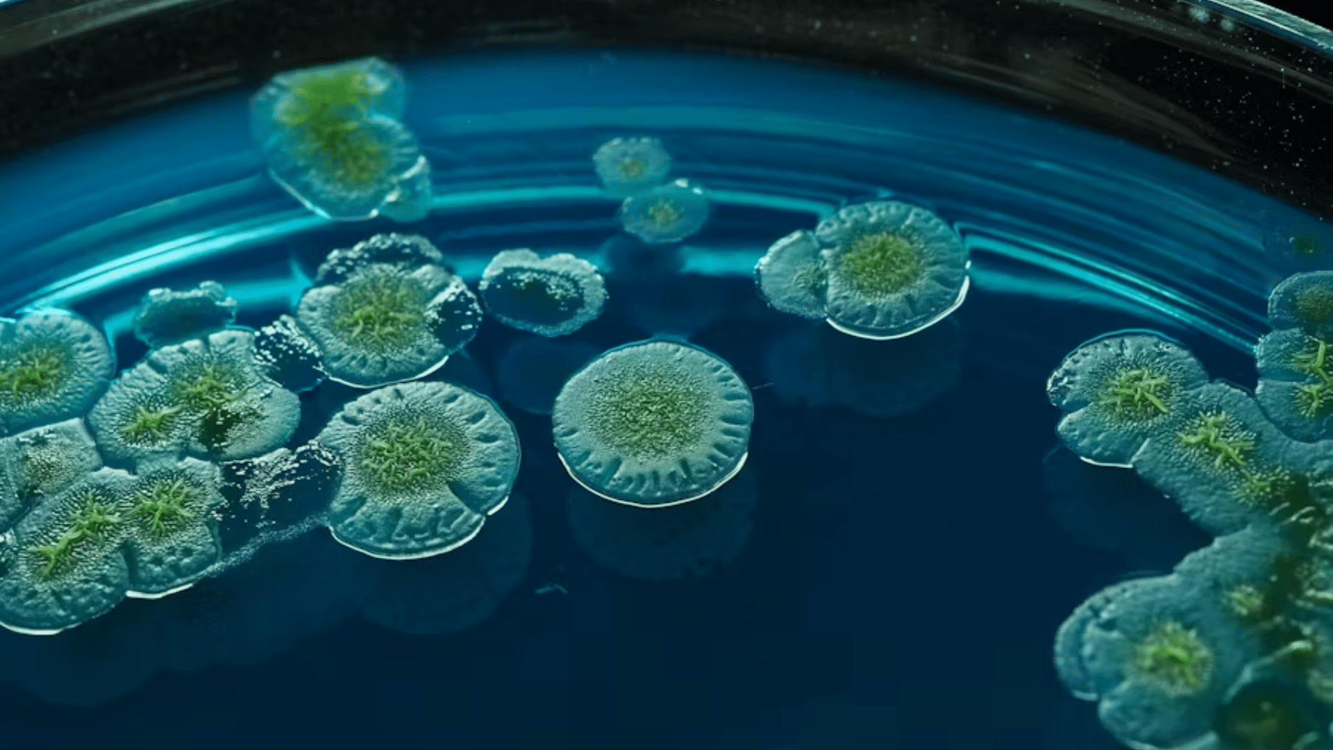A close-up scientific shot of a blue agar petri dish under bioluminescent lighting, showcasing multiple pale green, fibrous colonies of bacteria growing in circular clusters.
