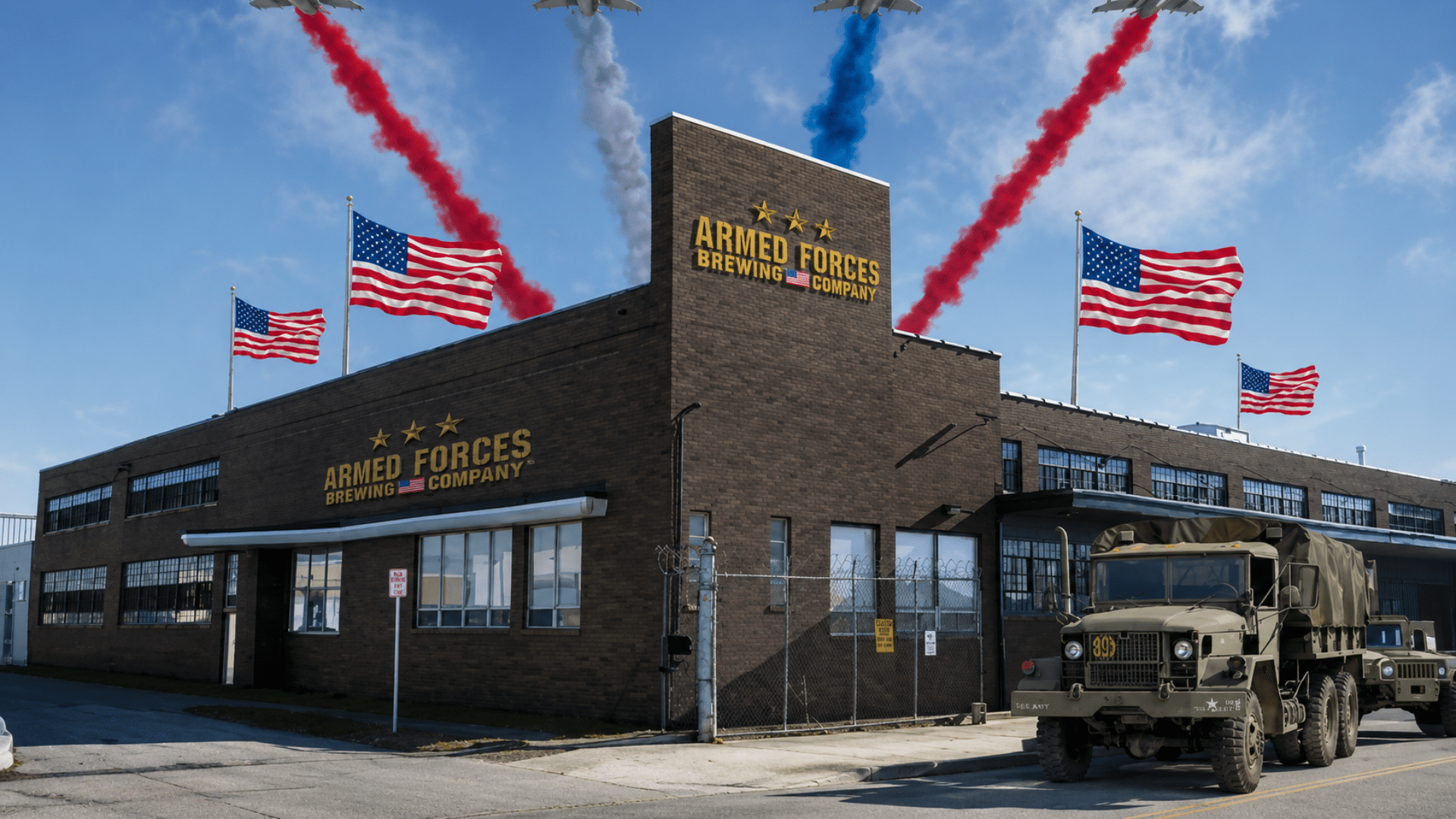 A wide shot of a brown brick industrial brewery building adorned with American flags, with a vintage military cargo truck parked out front and red, white, and blue smoke trails in the sky.
