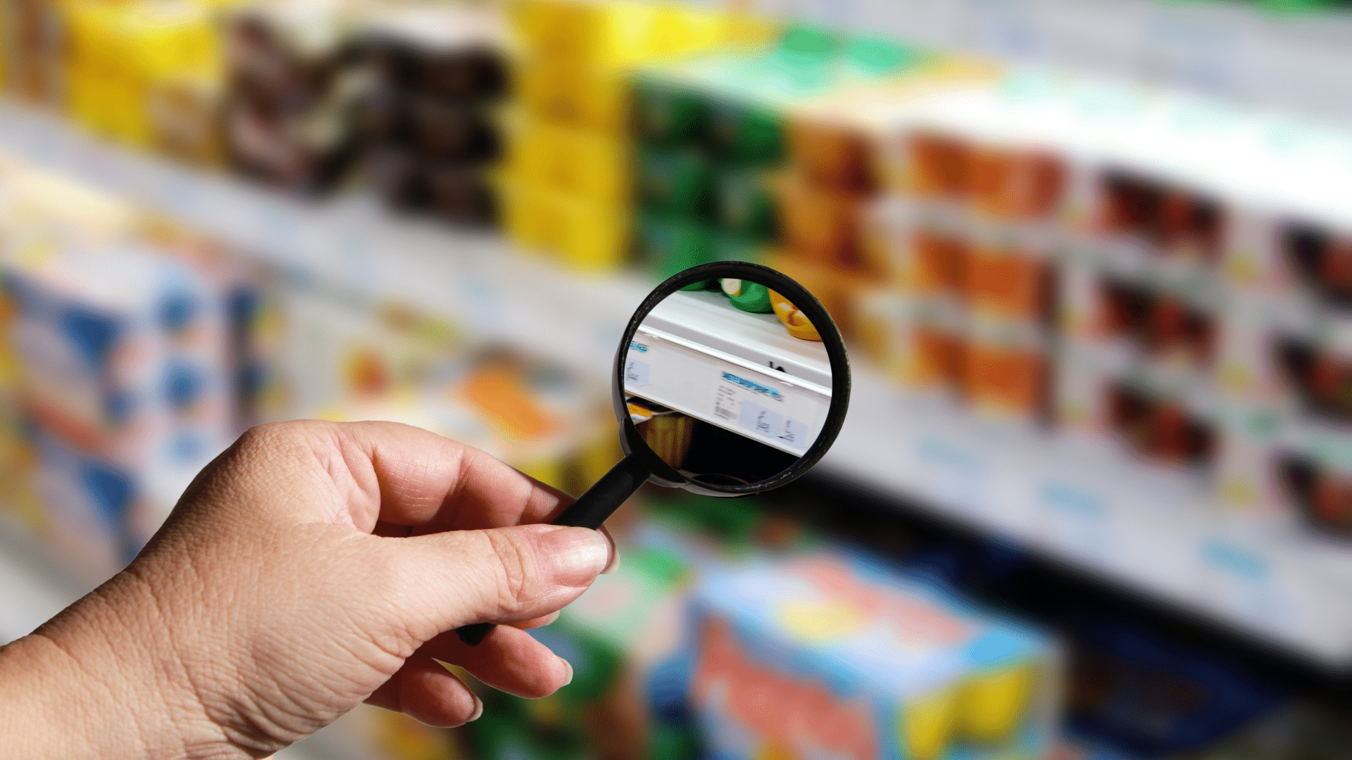 A close-up of a hand using a magnifying glass to read a small price tag on a blurred grocery store shelf.