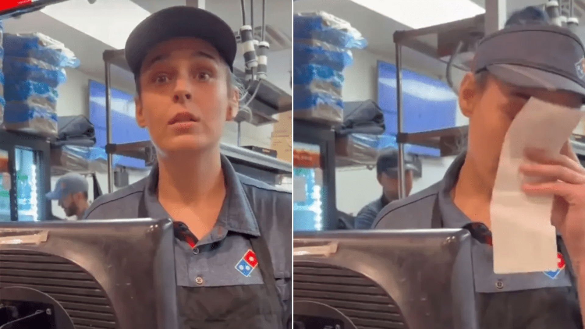 A split image of a Domino's employee looking shocked, then wiping away tears.