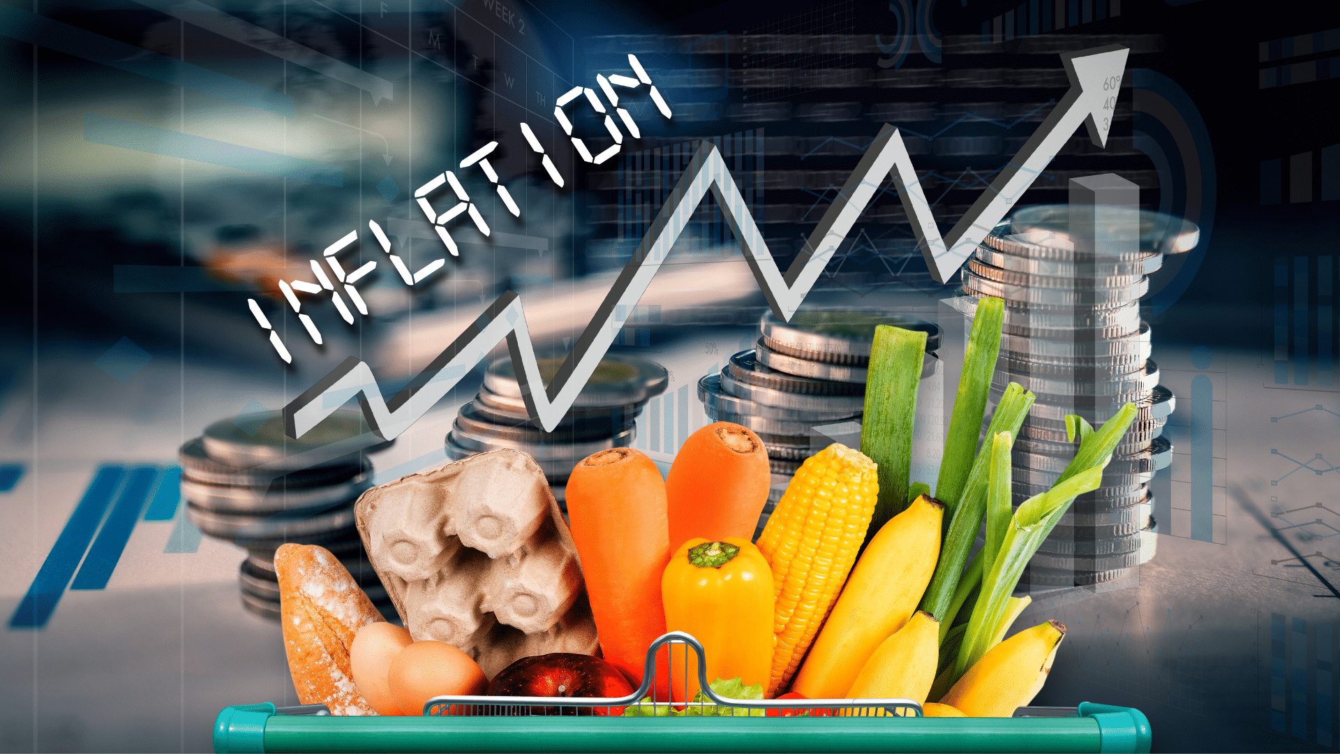 A shopping basket filled with groceries sits in front of stacks of coins and a rising line graph labeled "INFLATION."