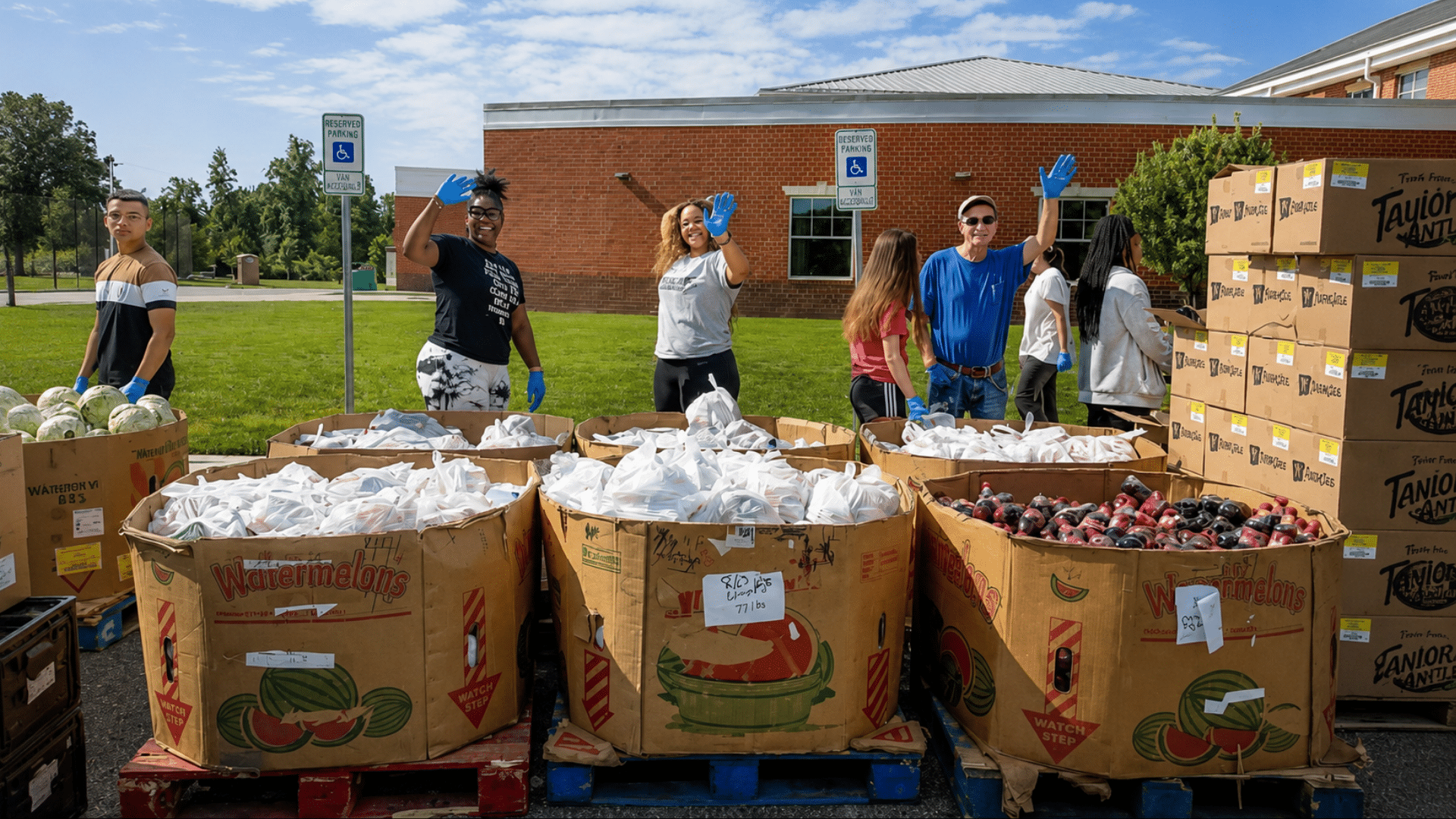 Volunteers distribute food boxes and produce outside a community center.