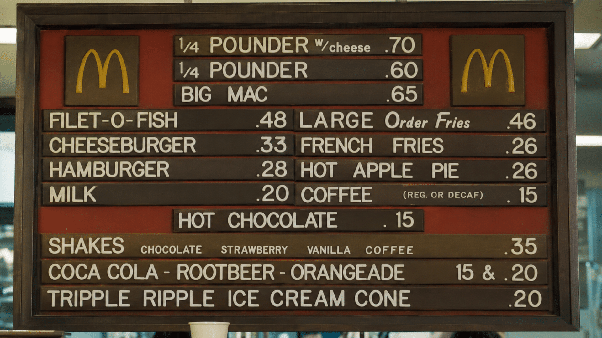 Vintage McDonald’s menu board displaying classic burger, fries, and drink prices.