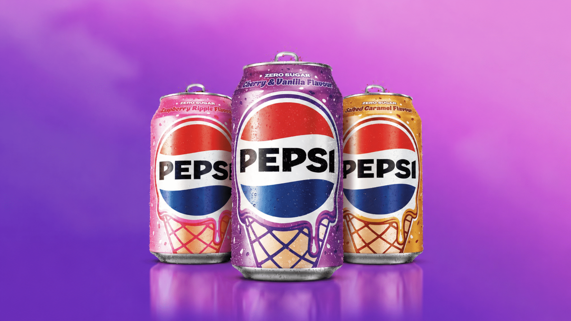 Three flavored Pepsi cans displayed against a purple background.
