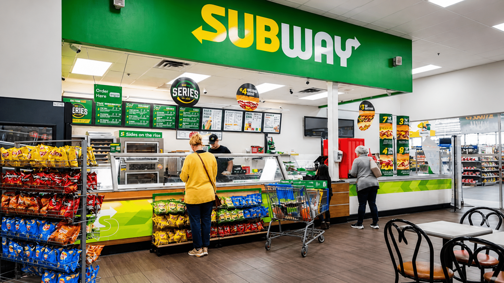 Customers ordering food at a Subway restaurant counter inside a retail store.