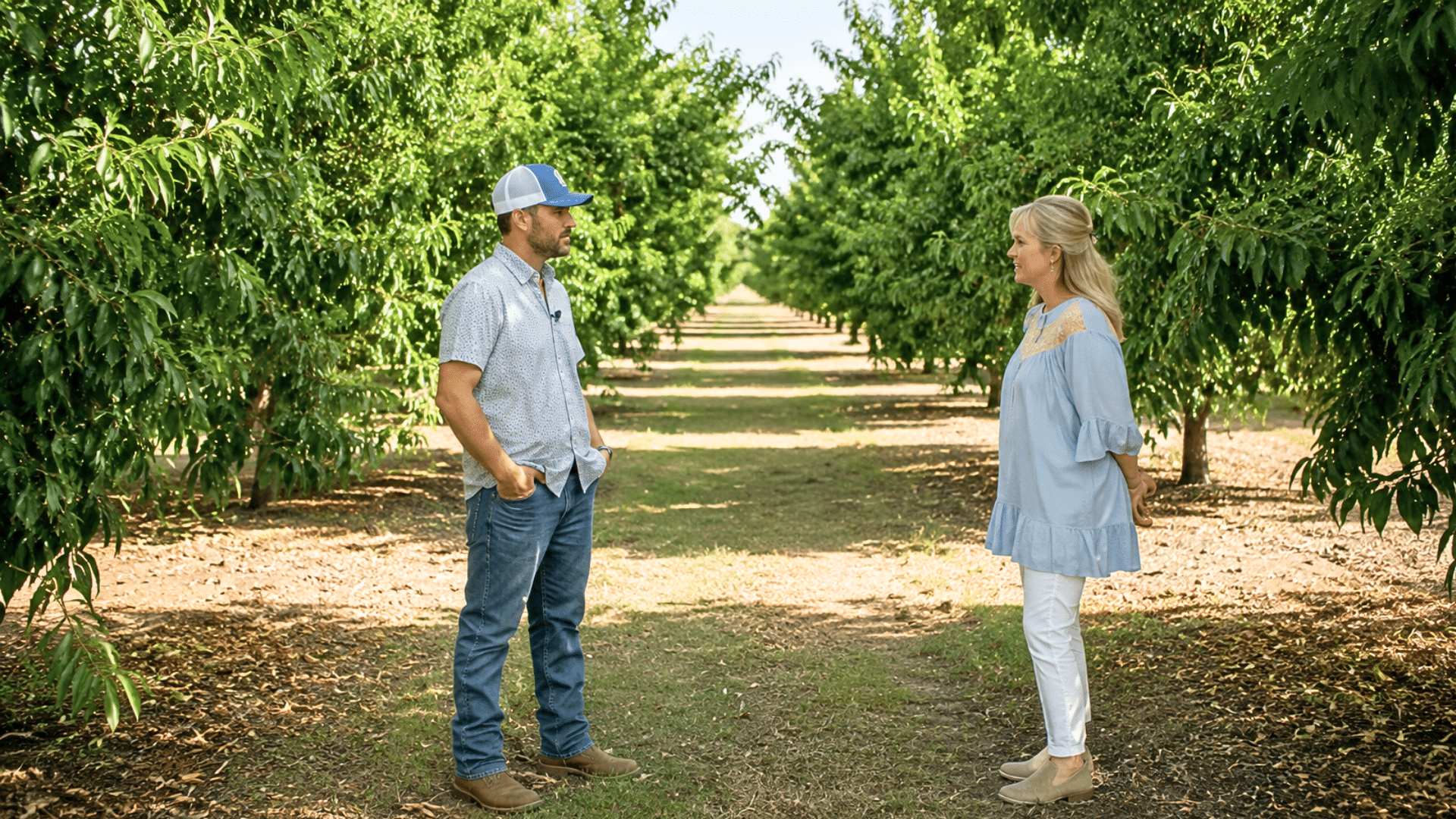Two people standing between orchard rows discussing peach farming operations.