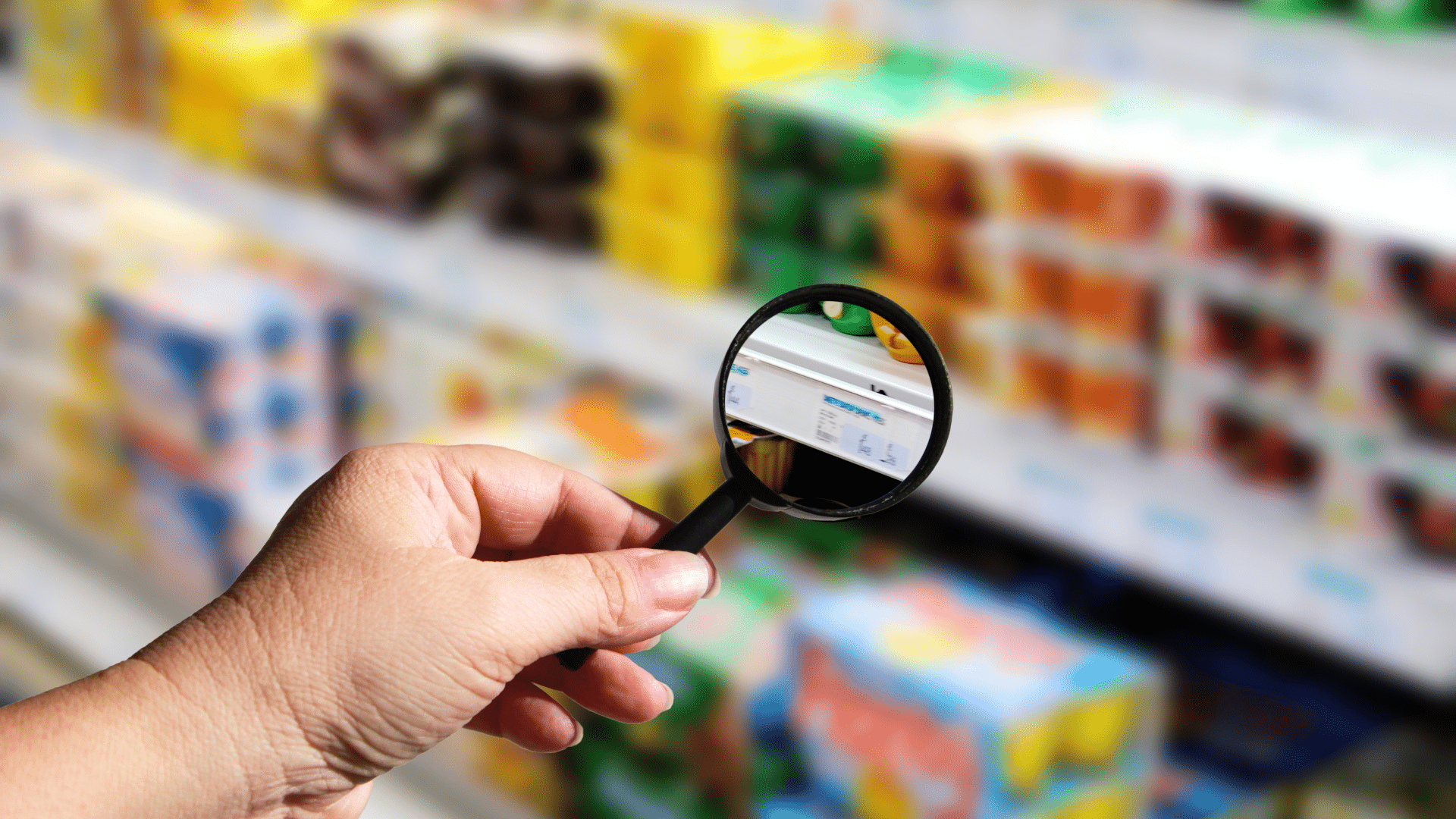 A close-up of a hand using a magnifying glass to read a small price tag on a blurred grocery store shelf.