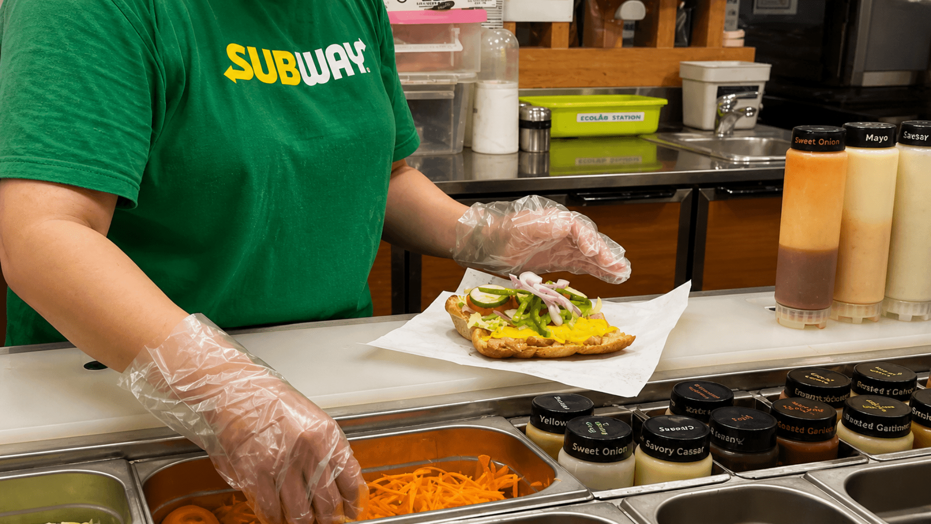 Subway employee preparing a sandwich with vegetables behind the counter.