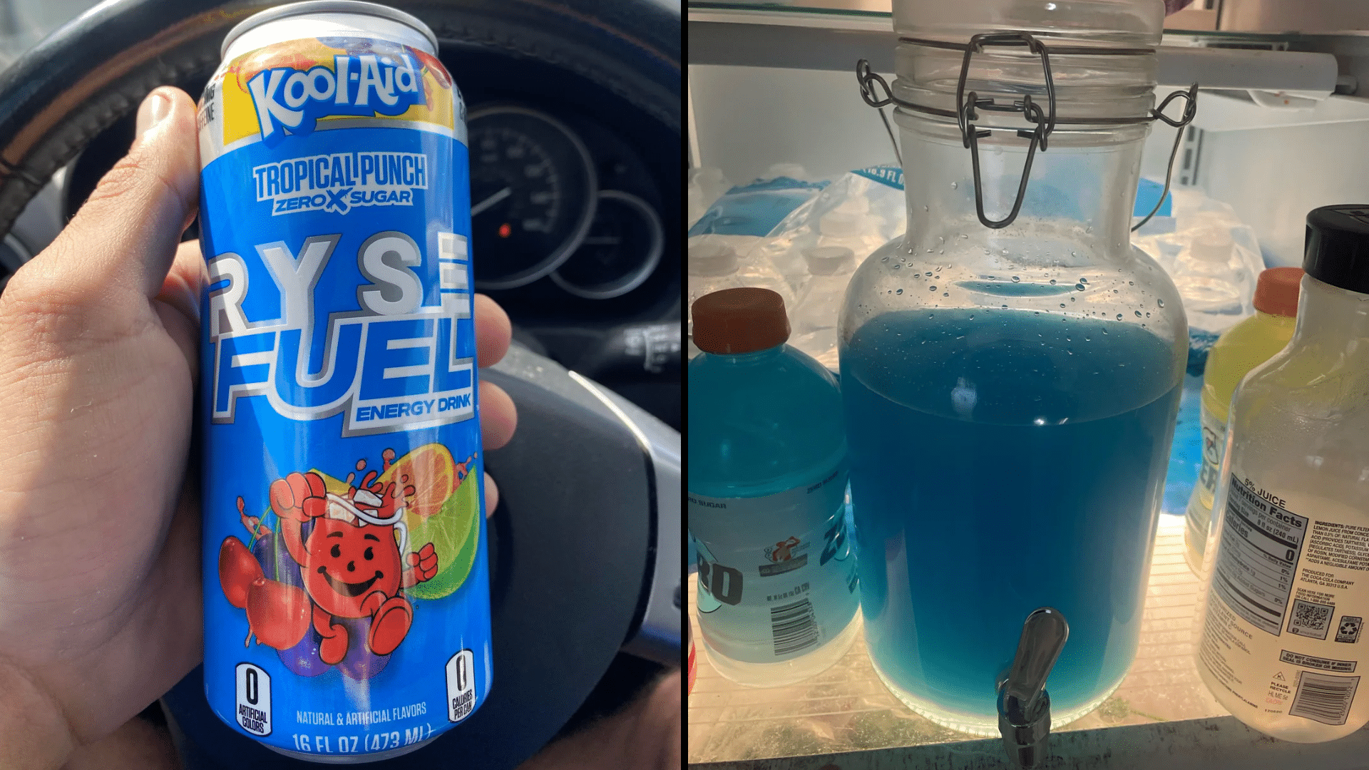 A split-screen image: on the left, a person holds a blue "RYSE FUEL" energy drink can featuring the Kool-Aid Tropical Punch branding; on the right, a large glass dispenser filled with blue liquid sits in a refrigerator next to other sports drinks.