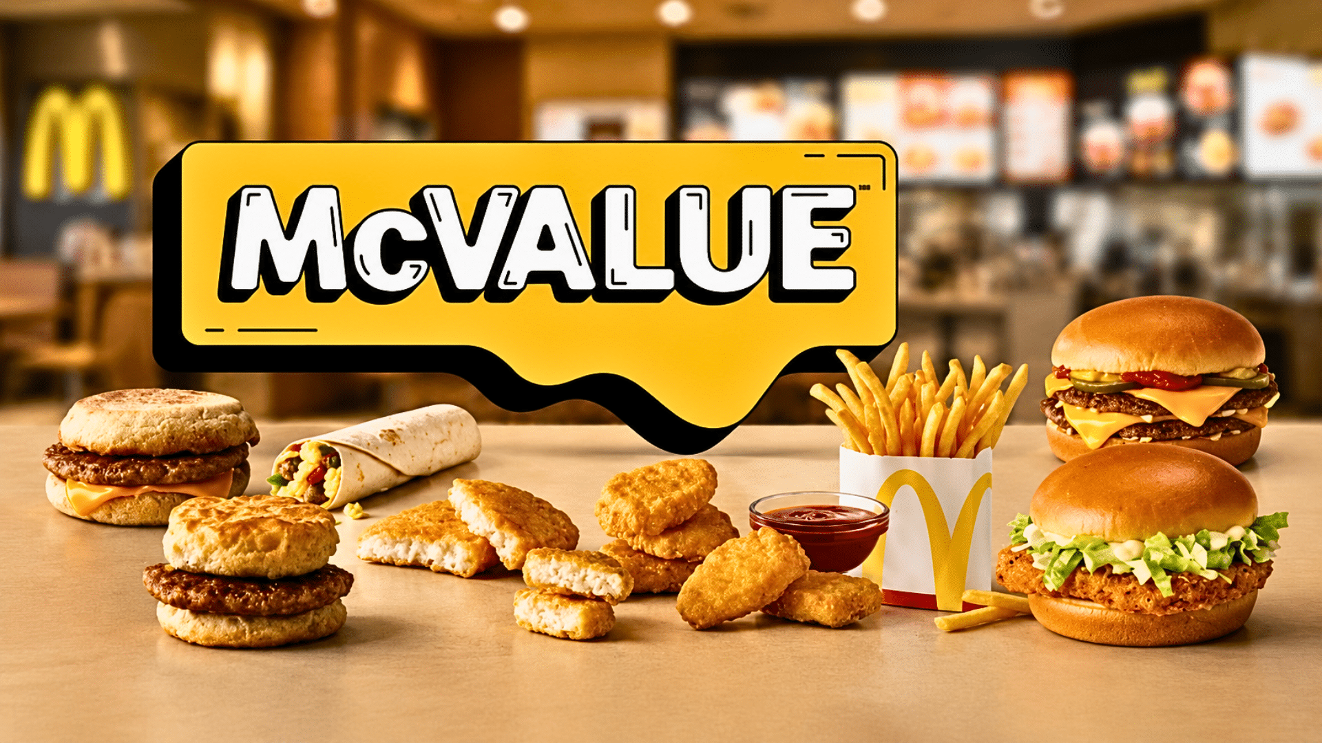McDonald’s McValue promotion featuring burgers, fries, nuggets, and breakfast sandwiches.