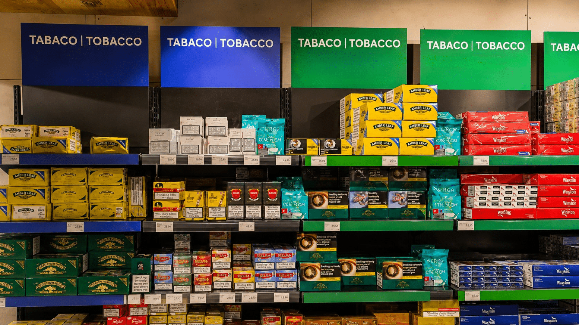 Tobacco products arranged on shelves under bilingual tobacco signs.