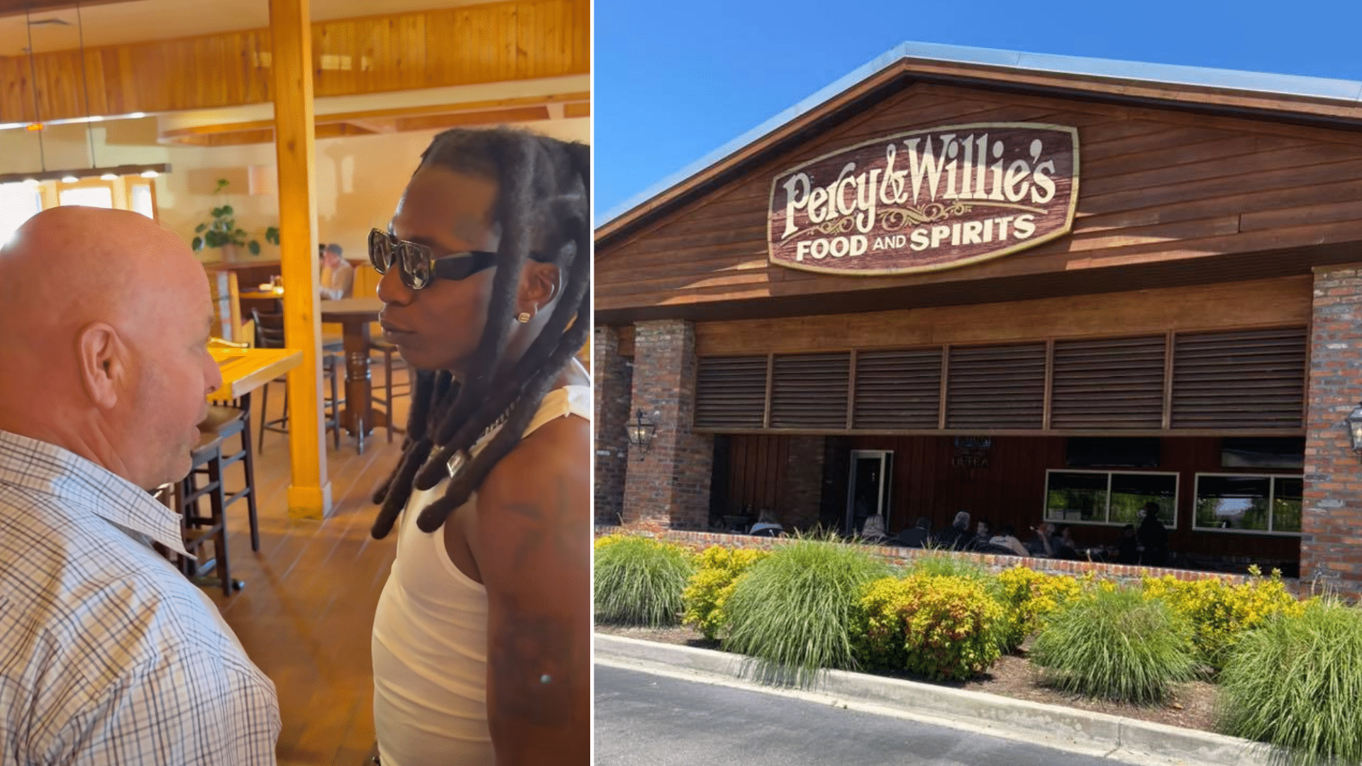 A split screen showing a man with dreadlocks talking to a bald man inside a restaurant, alongside the exterior of Percy & Willie's Food and Spirits.