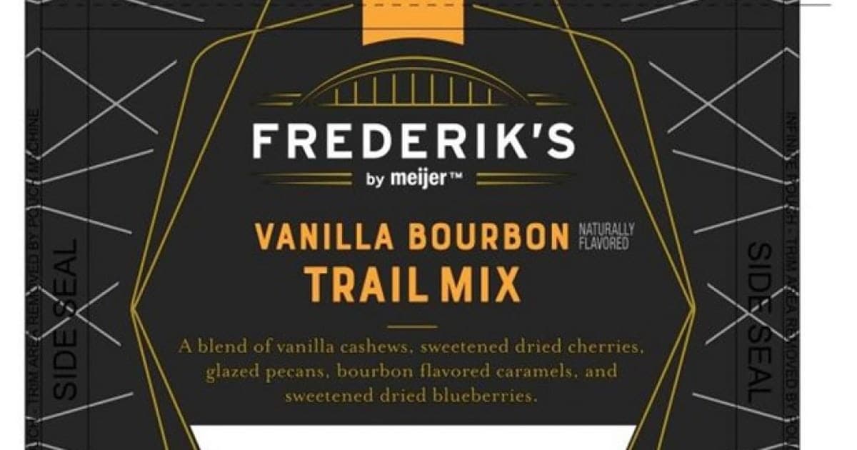 Frederik’s by Meijer Vanilla Bourbon Trail Mix packaging with product name and flavor details displayed.