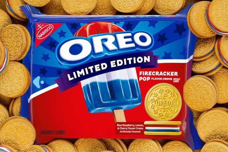 Limited-edition Oreo Firecracker Pop cookies with red, white, and blue layered creme filling.