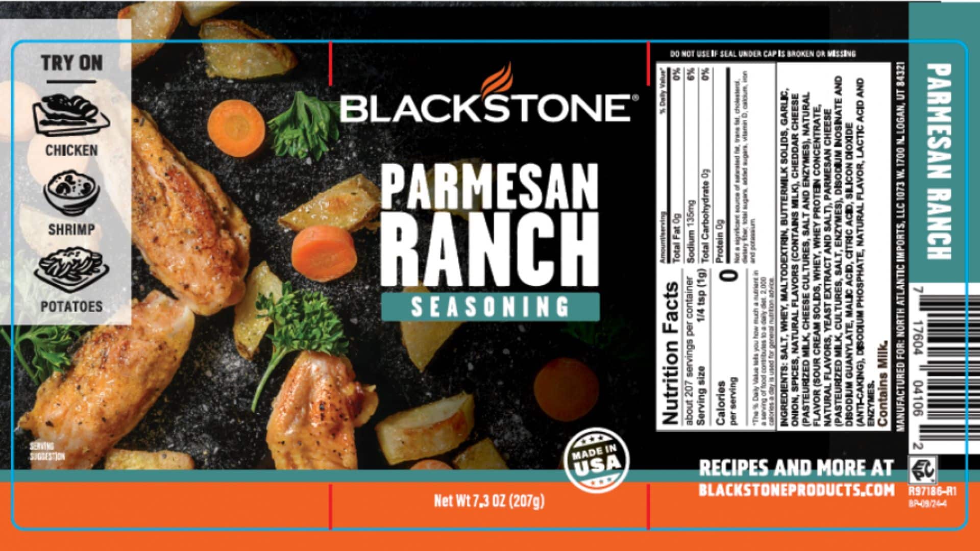 Blackstone Parmesan Ranch seasoning label with nutrition facts and ingredient information.