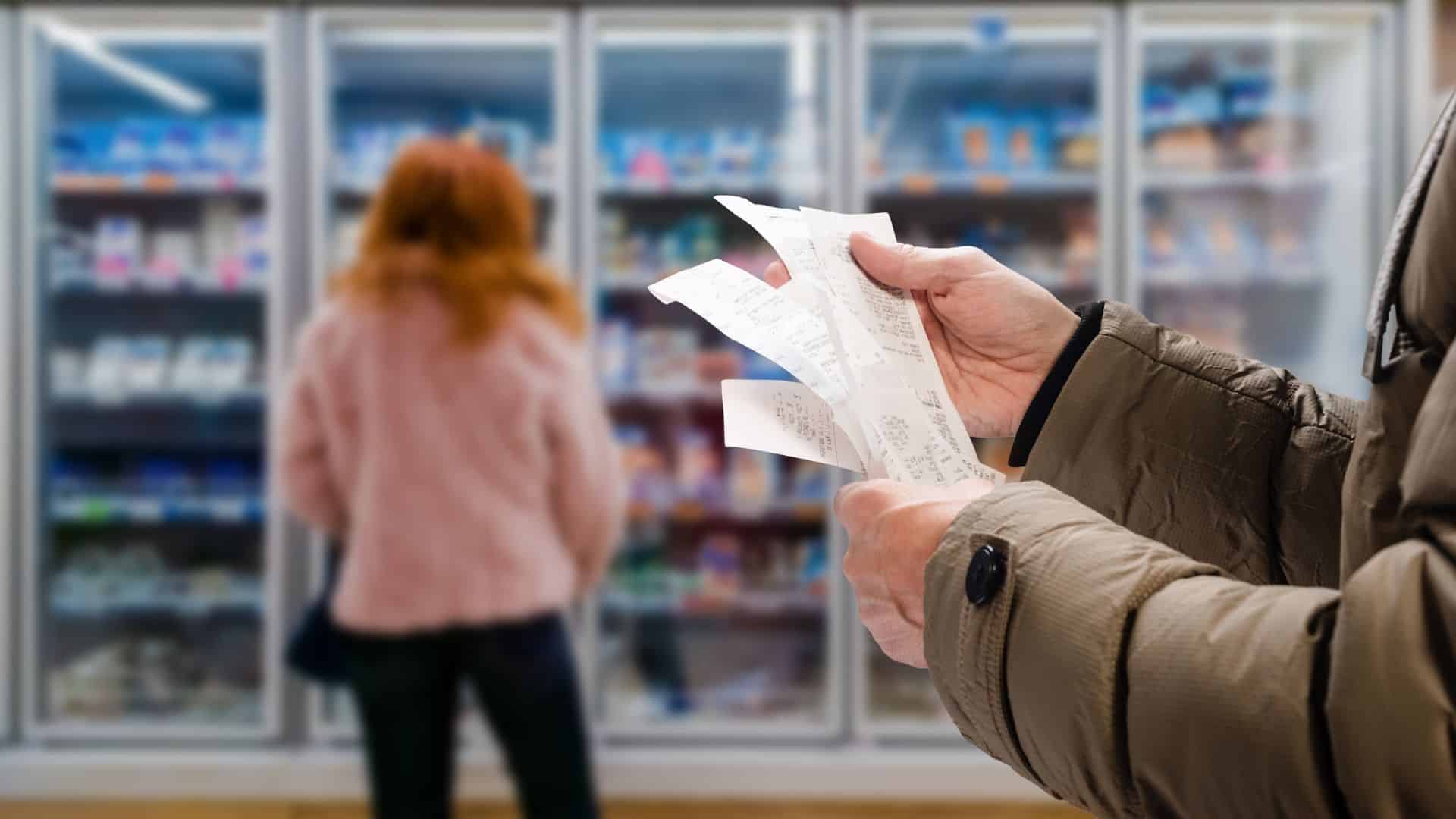 A person holds several receipts in a supermarket, while another person in a pink jacket browses a freezer section.