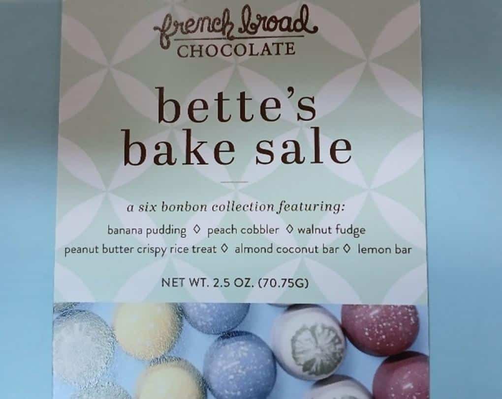 Packaging of recalled Bette’s Bake Sale bonbon collection listing flavors including walnut fudge.