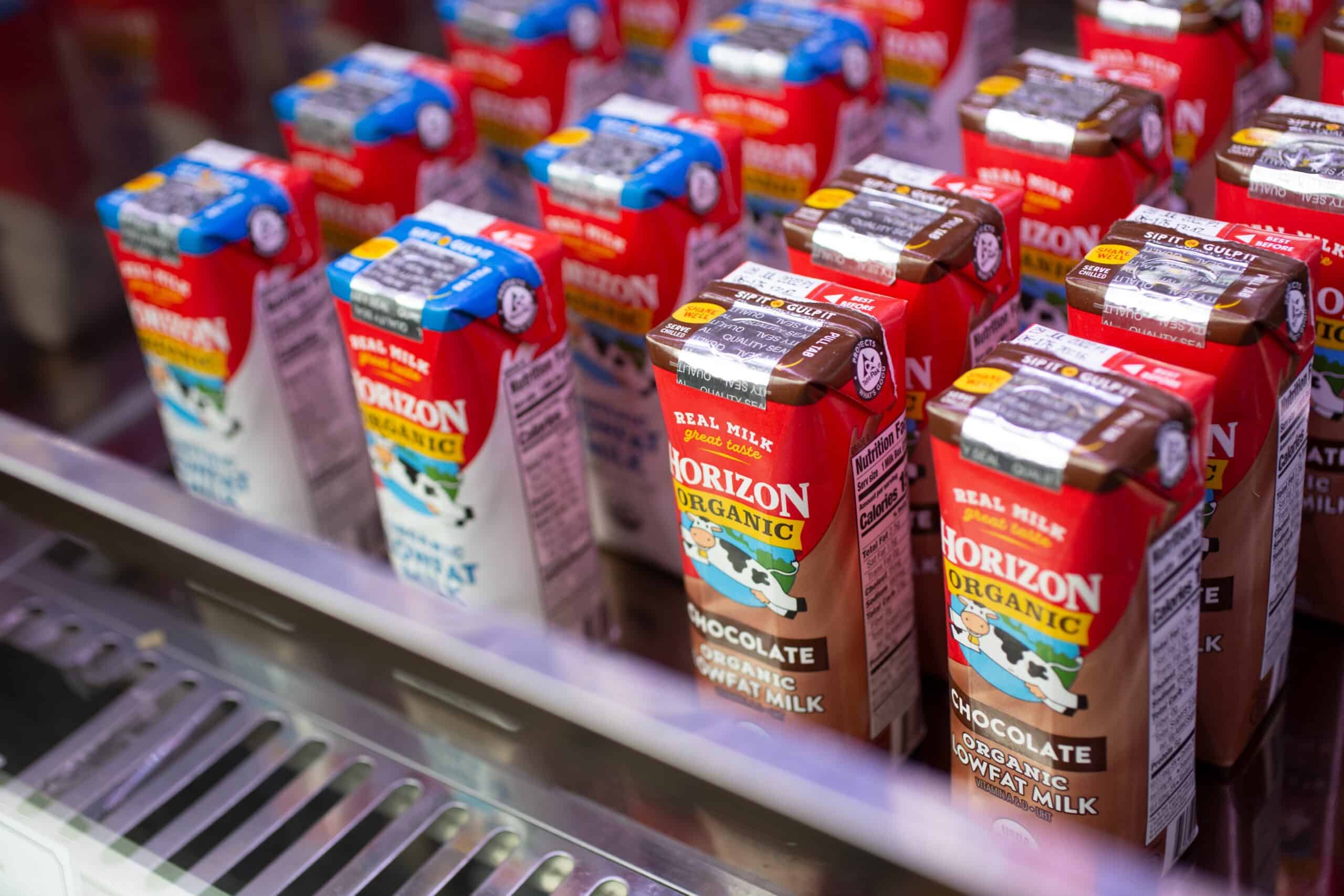 Horizon Organic chocolate milk cartons displayed in a refrigerated store shelf.