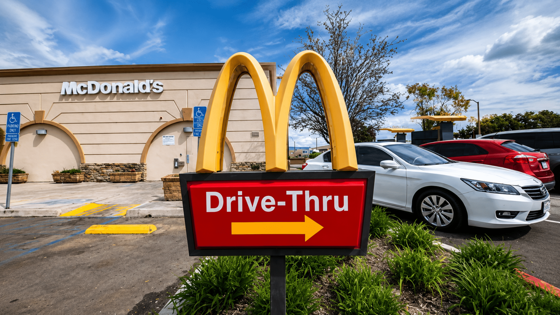 An exterior view of a McDonald's restaurant with a prominent red "Drive-Thru" directional sign in the foreground.