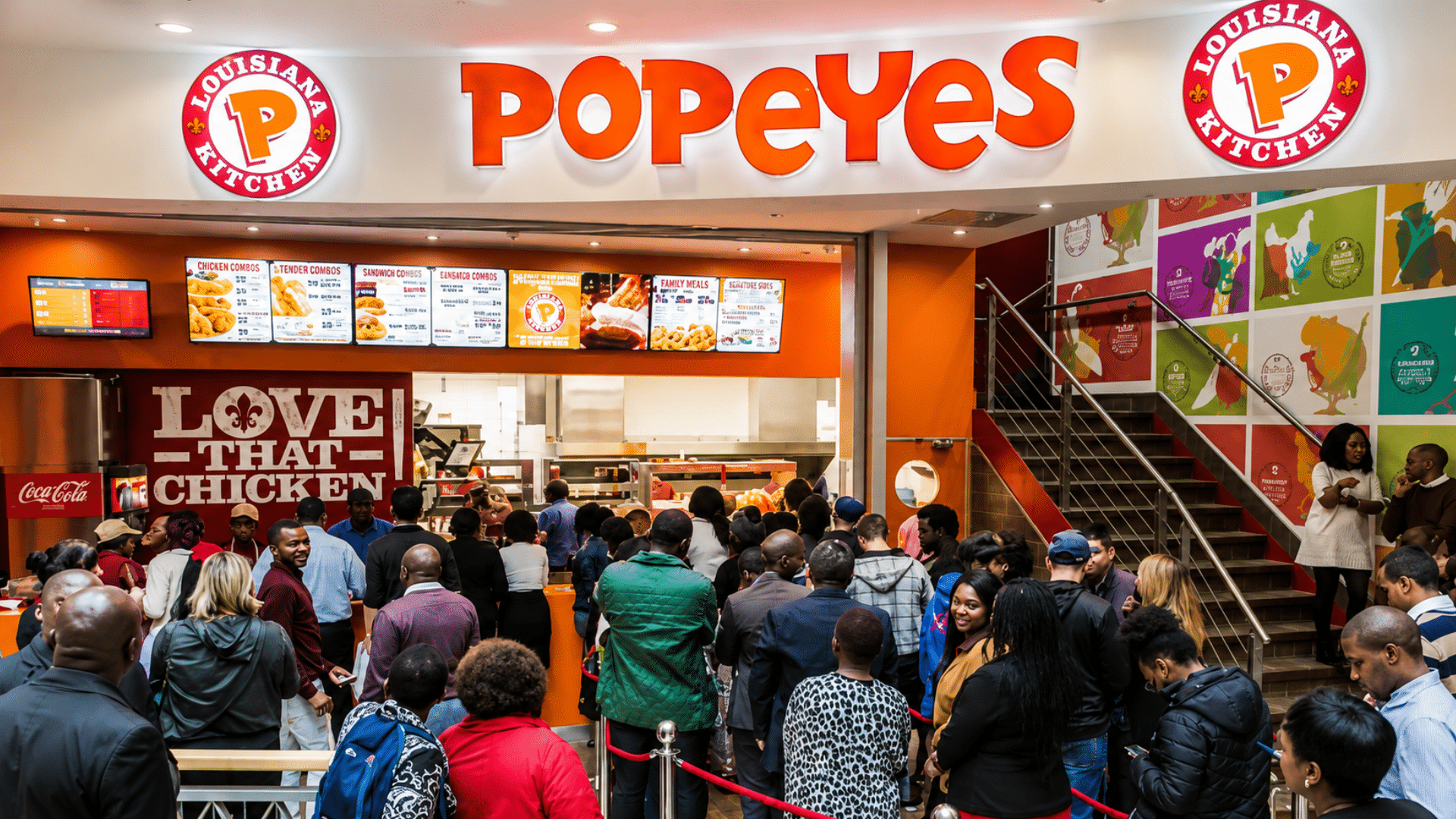 A large crowd of customers waiting in a long line inside a brightly lit Popeyes Louisiana Kitchen restaurant.