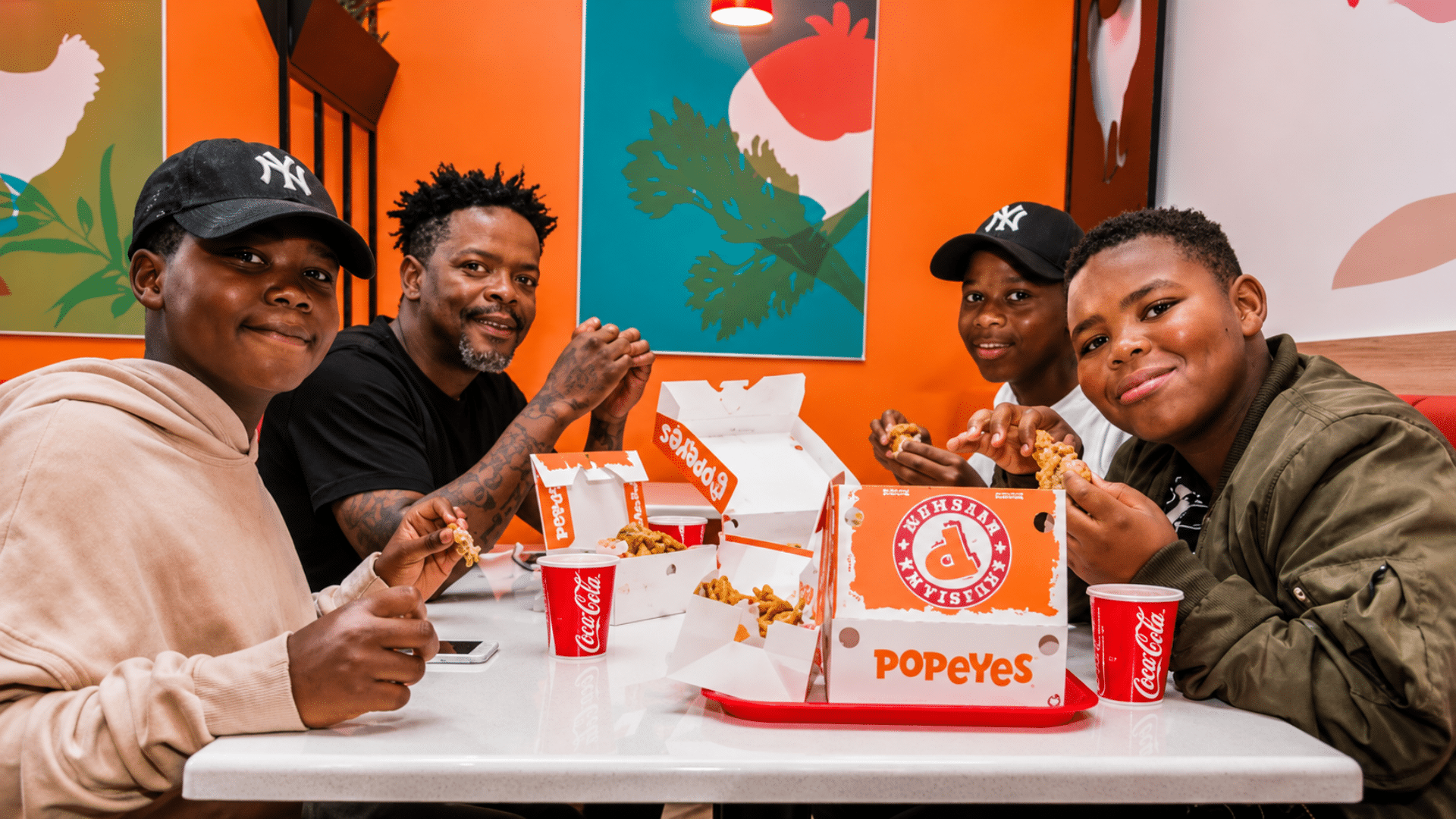 A man and three boys sitting at a restaurant table eating fried chicken from Popeyes boxes.