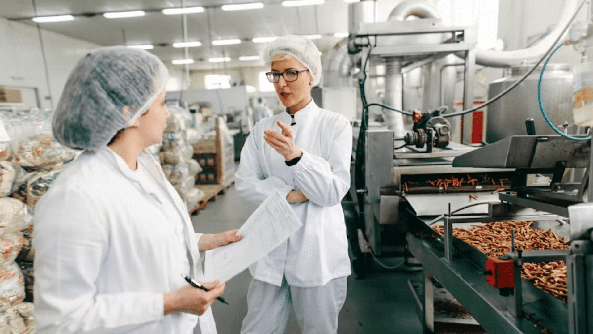 Food processing workers reviewing paperwork beside production equipment.