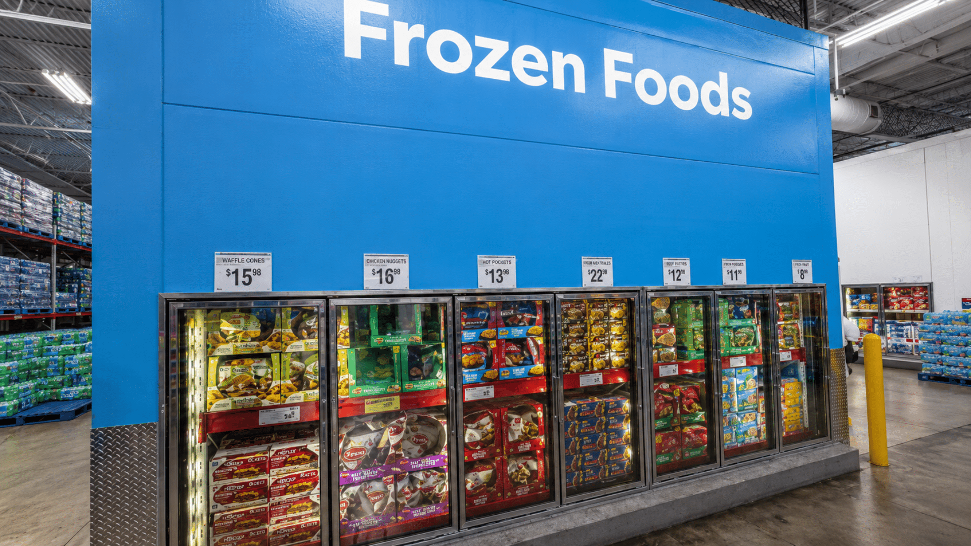 Frozen foods section with glass-door freezers in a warehouse store.