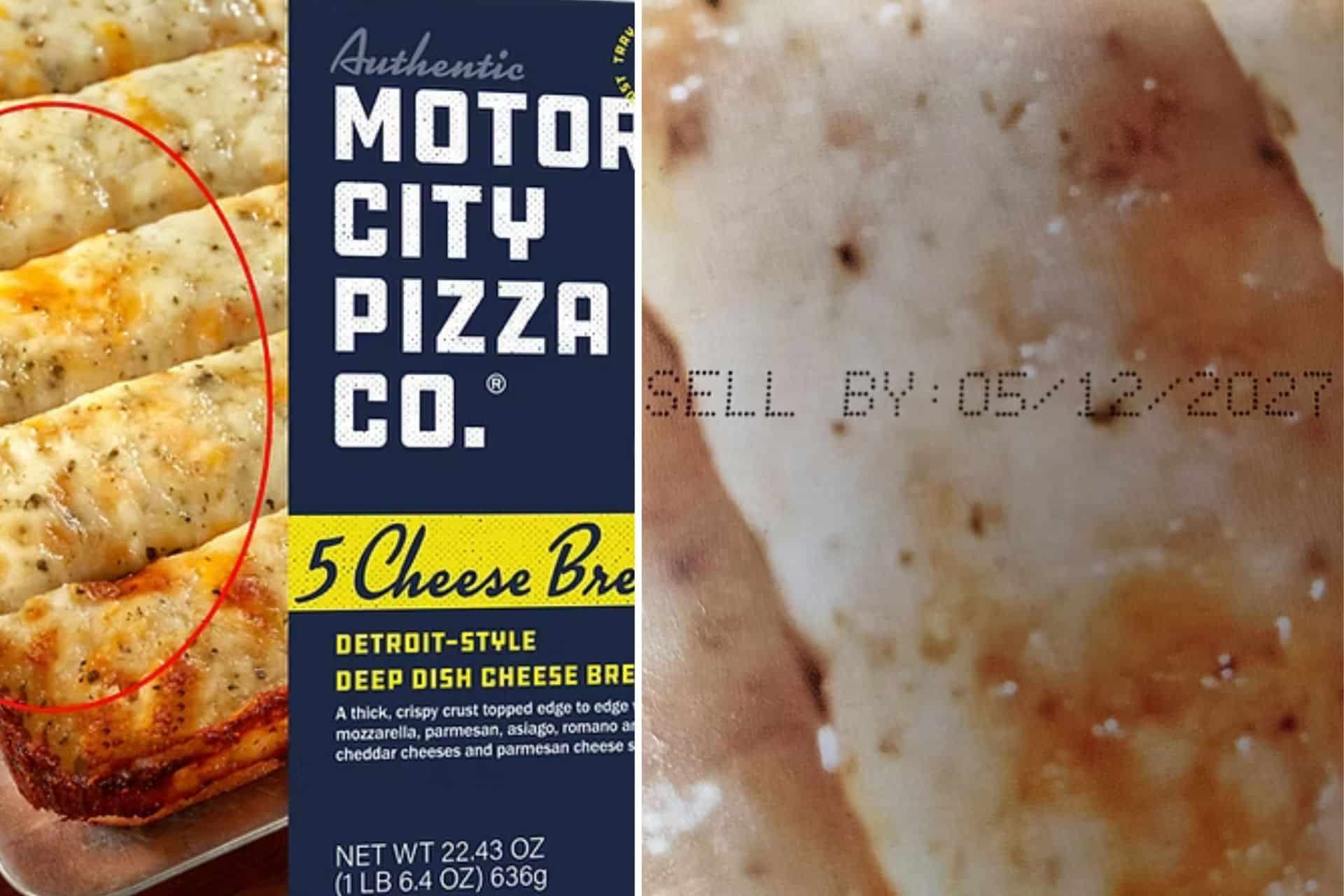 Packaging for recalled Motor City Pizza Co. 5 Cheese Bread highlights affected product labeling and sell-by date information.