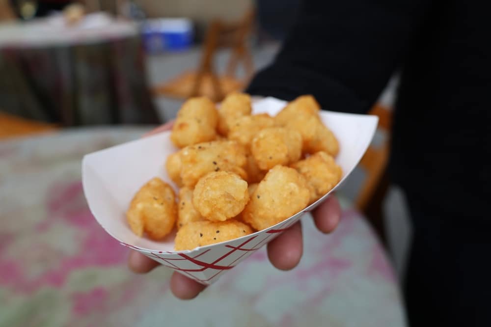 A serving of tater tots in a paper food tray held in a person's hand.