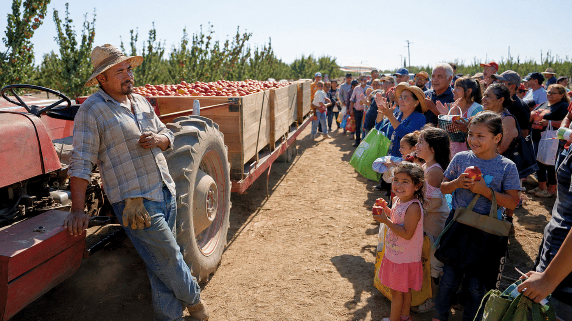 A farmer in a straw hat leans against a red tractor next to a wagon filled with fresh nectarines while a crowd gathers.
