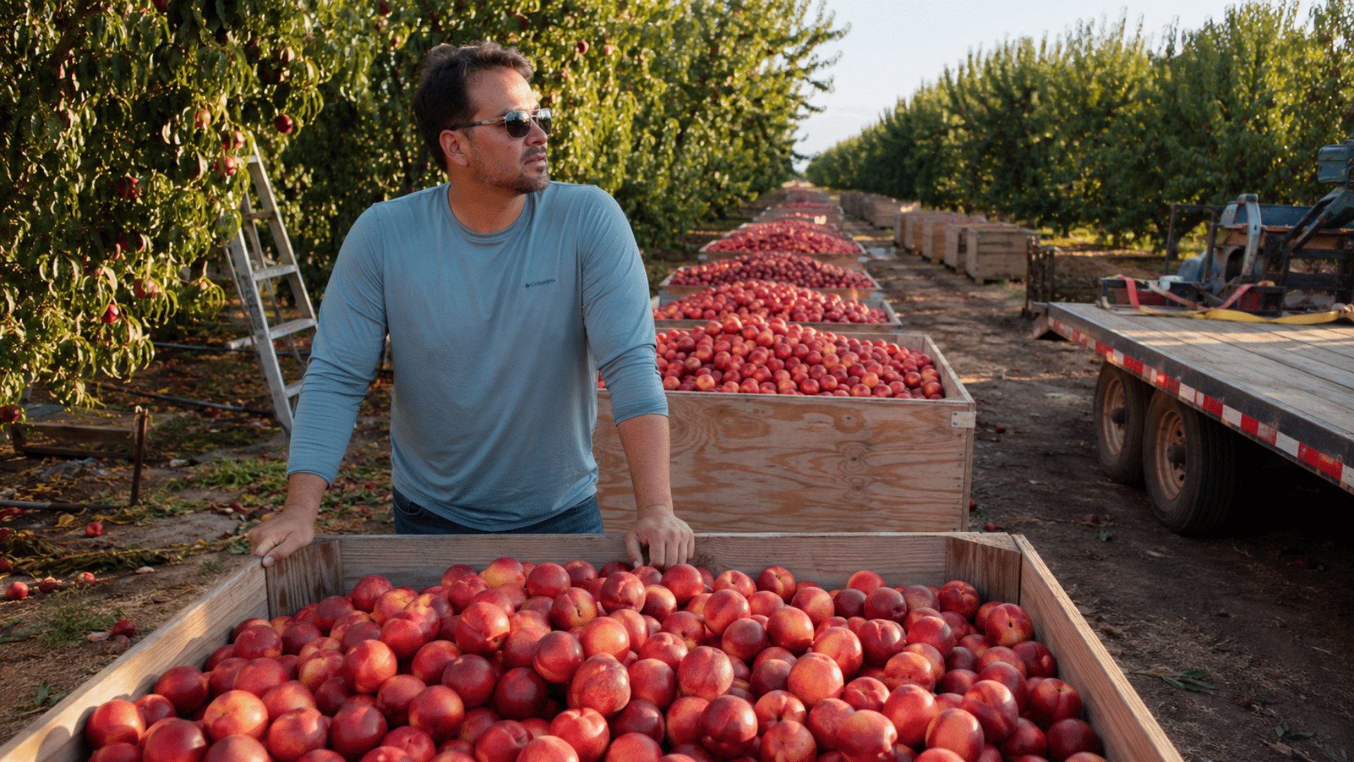 A man wearing sunglasses stands in an orchard surrounded by large wooden bins overflowing with freshly harvested nectarines.