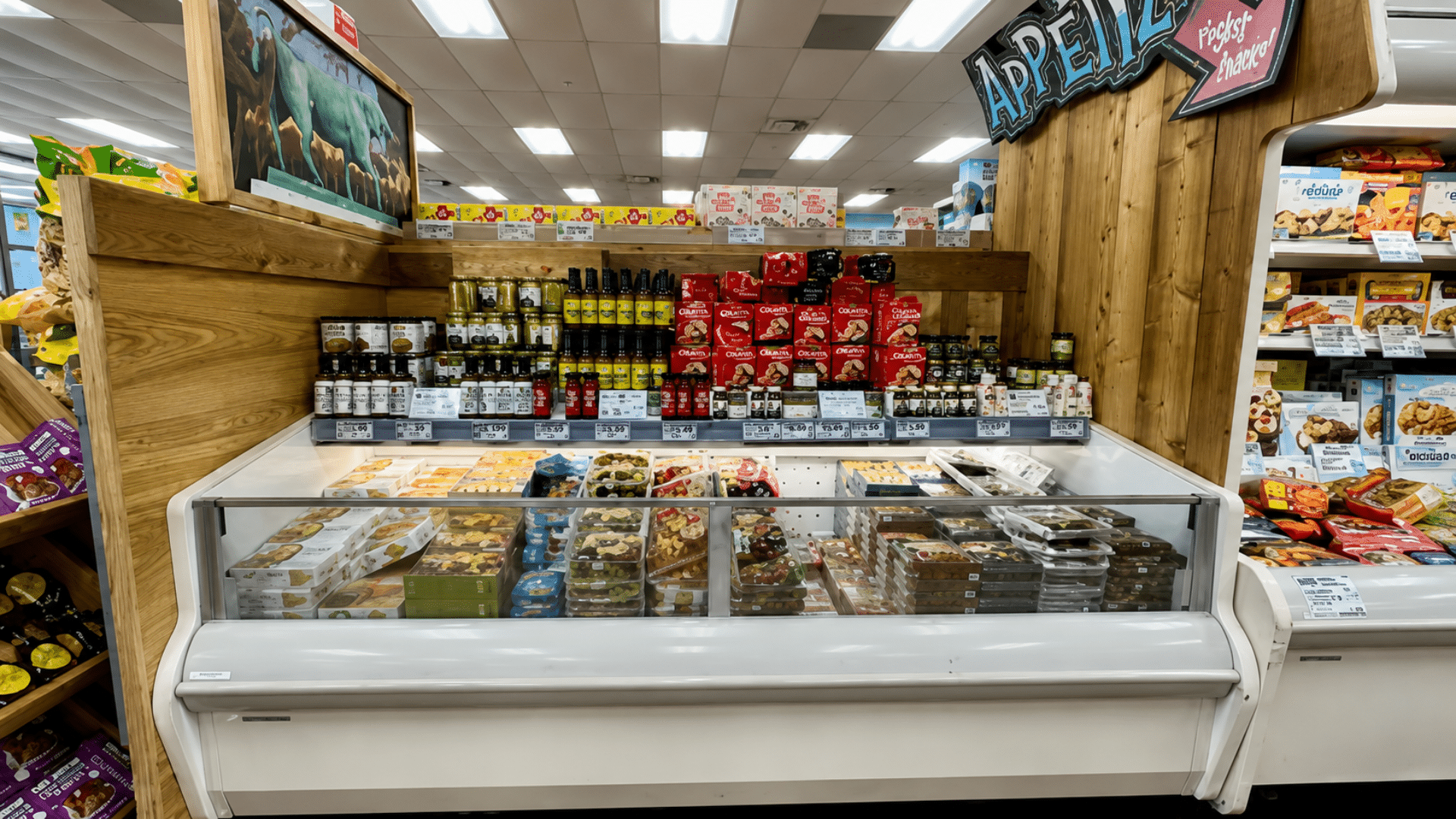 An organized refrigerated display case at Trader Joe's stocked with jars of sauces, appetizers, and packaged goods.