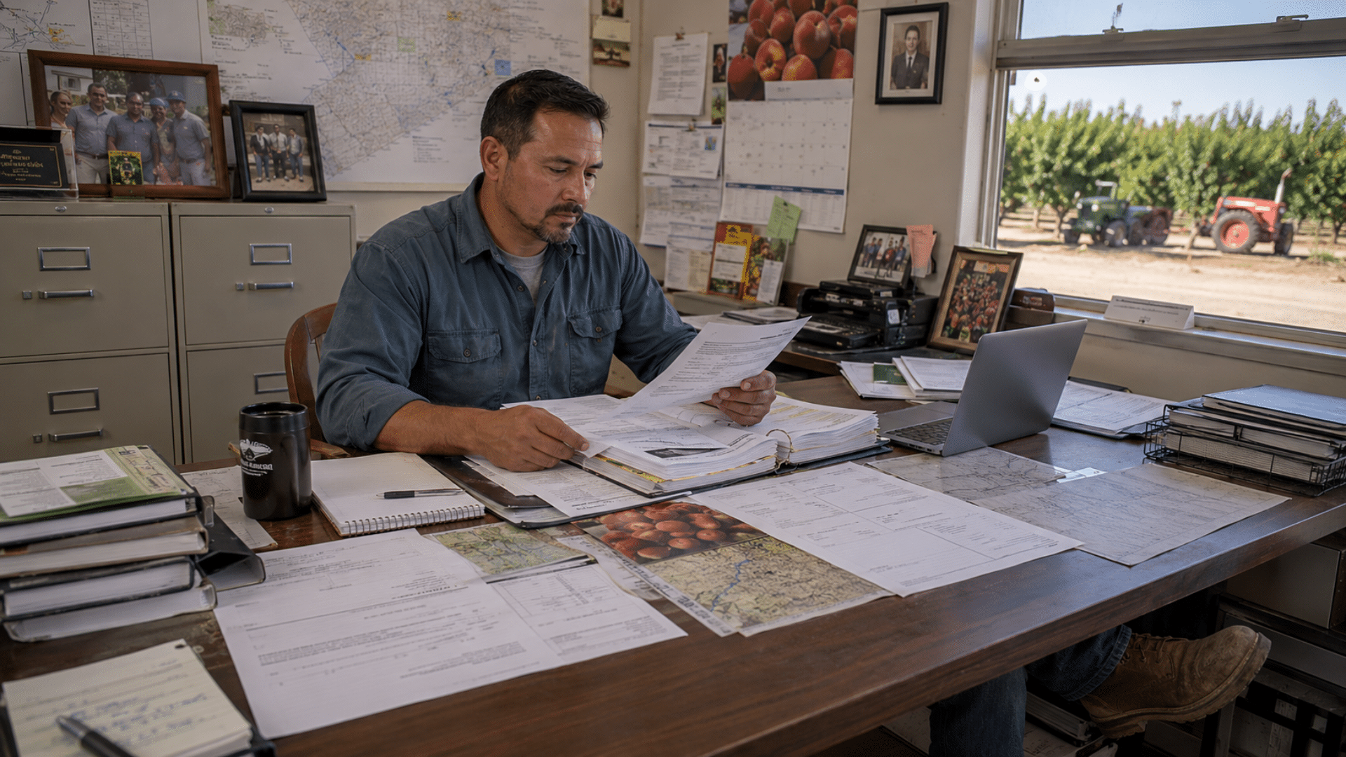 A man sits at a desk covered in paperwork, binders, and maps inside an office overlooking an agricultural field.