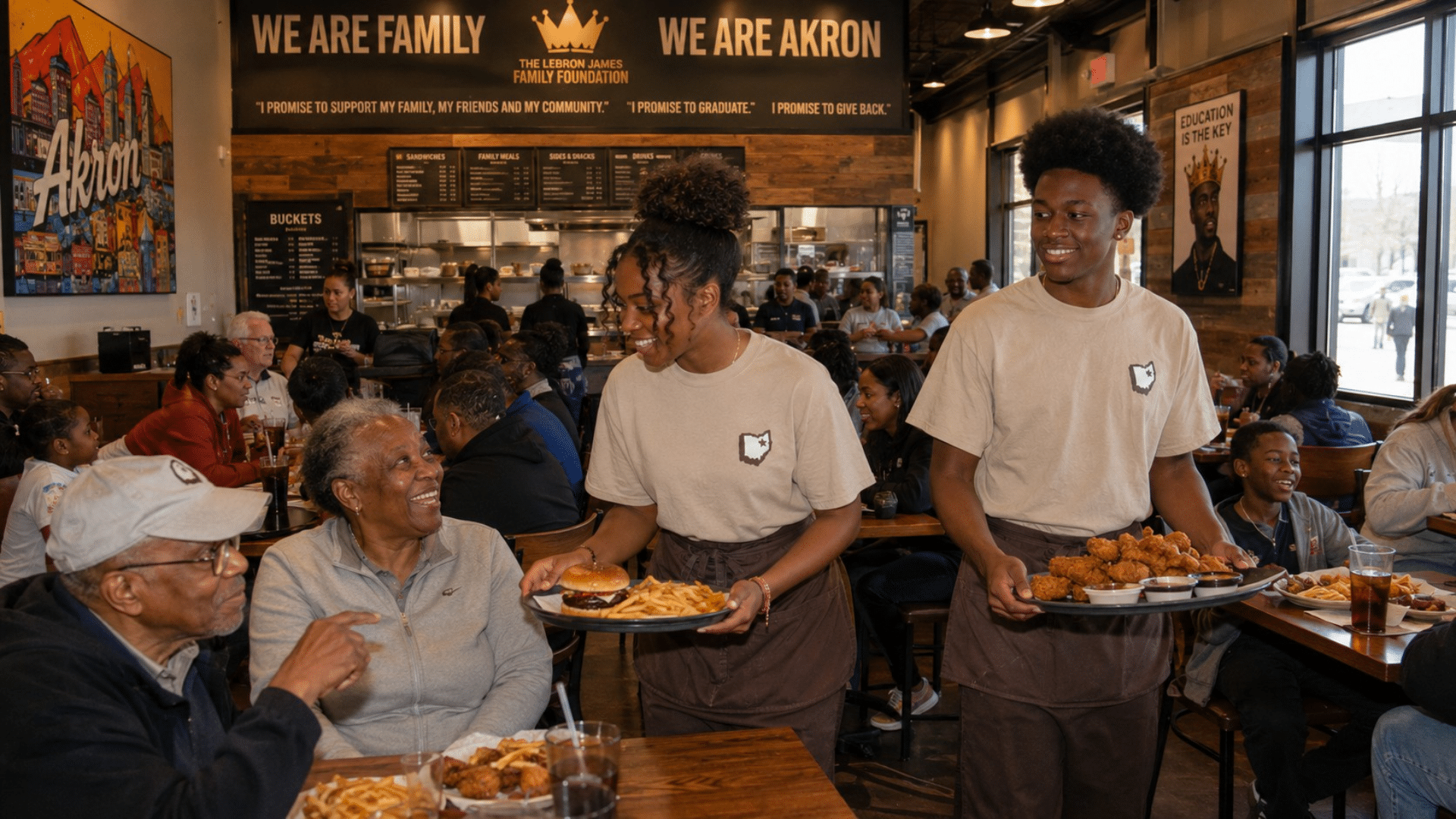 Twins Raelyn and Raymel serve food platters to customers inside the packed House Three Thirty restaurant in Akron, Ohio.