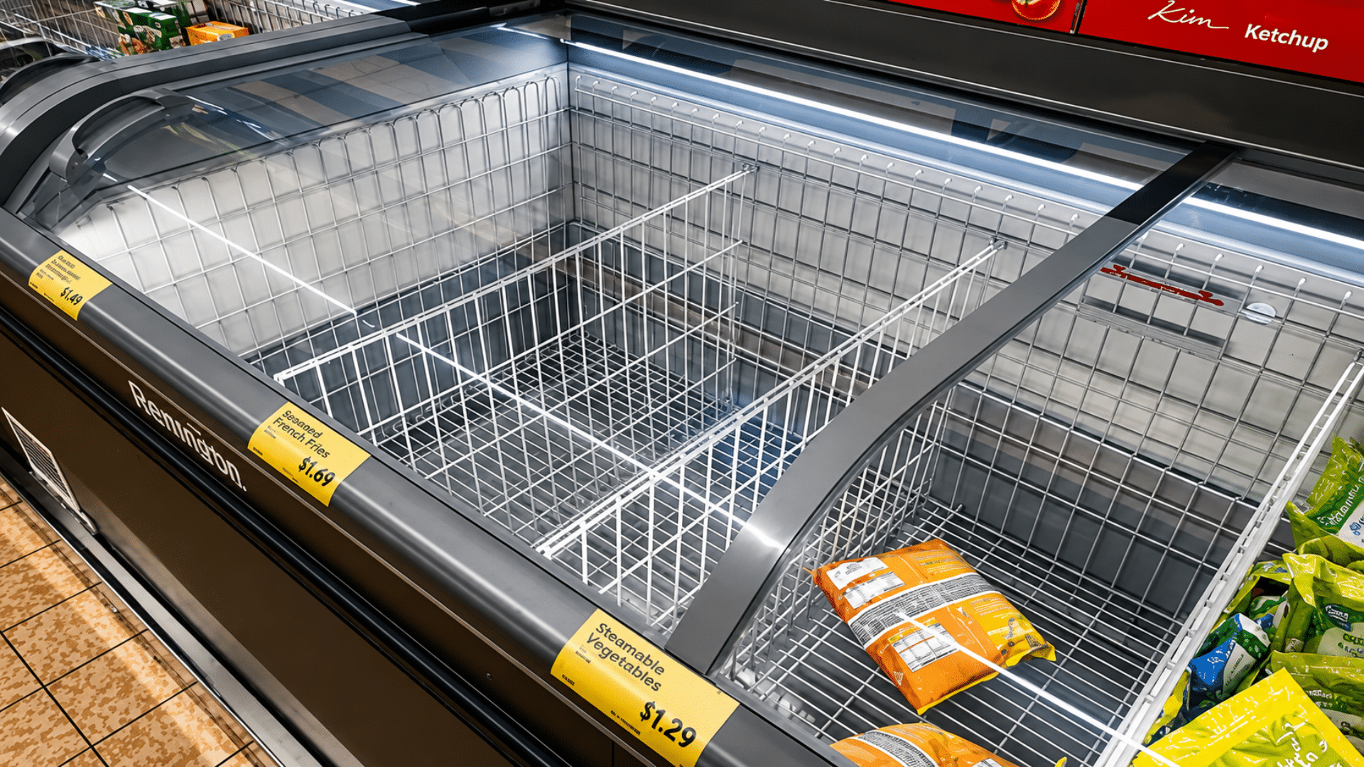 A mostly empty grocery store freezer case with only a couple of frozen food bags remaining in the wire baskets.