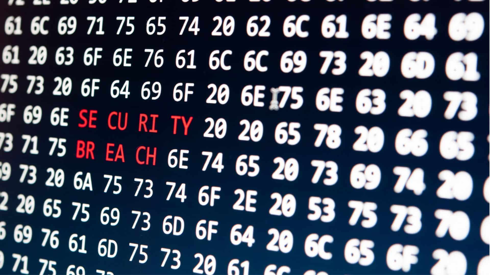 Hex code display with security breach highlighted in red.
