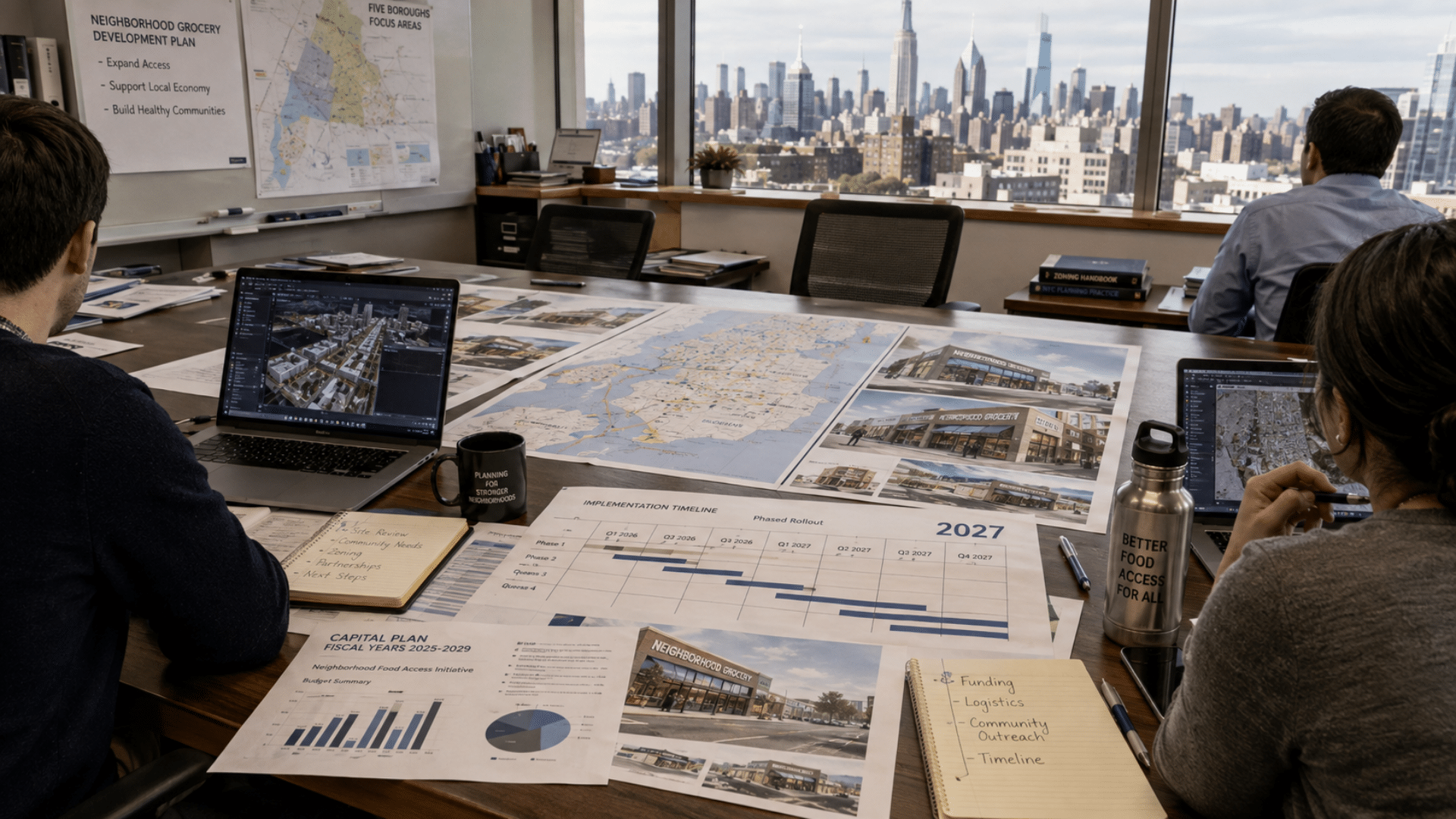 City planners examining maps and development timelines laid out on a conference table overlooking a city skyline.