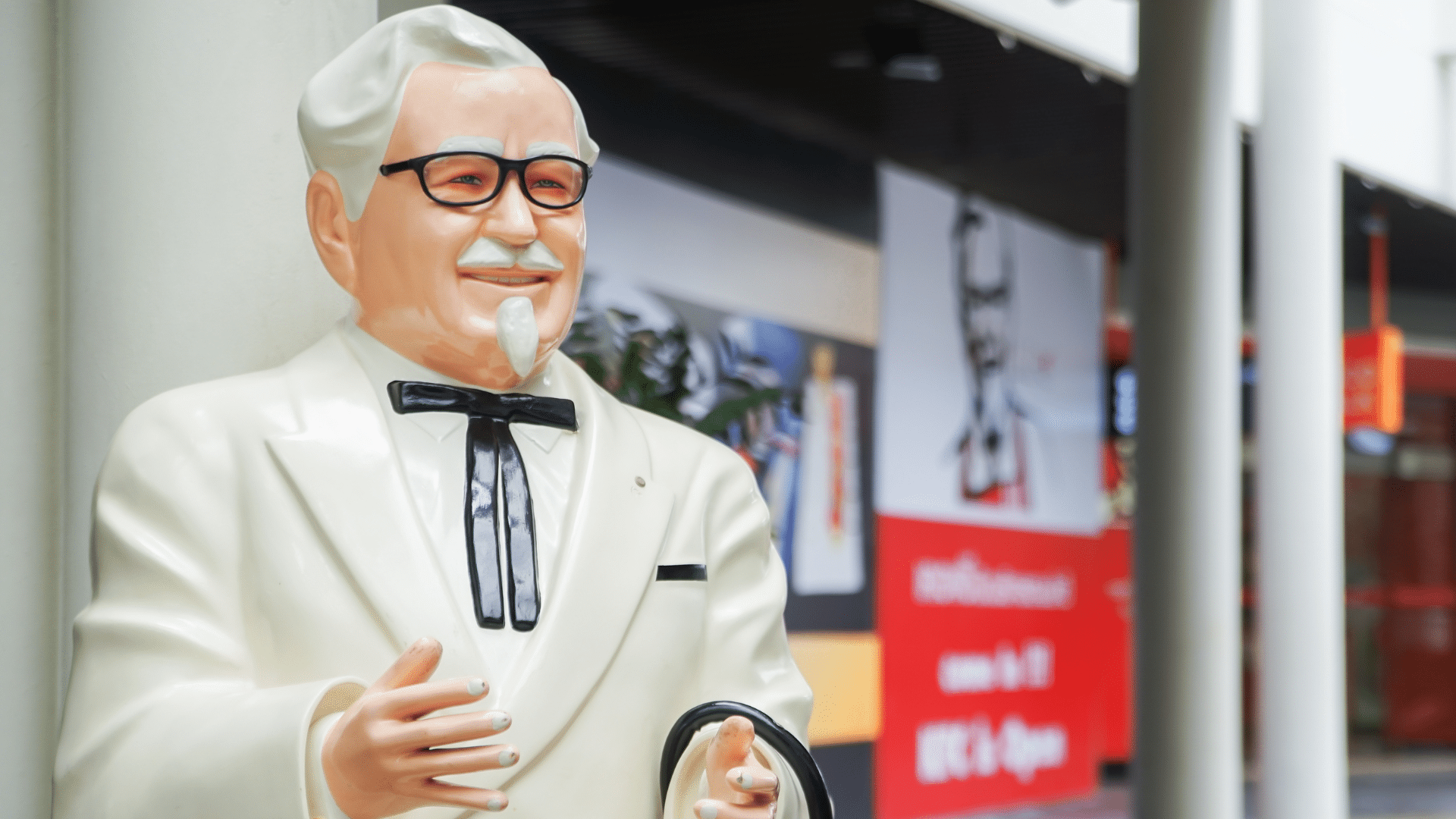 Life-size statue of Colonel Sanders in his signature white suit and string tie.