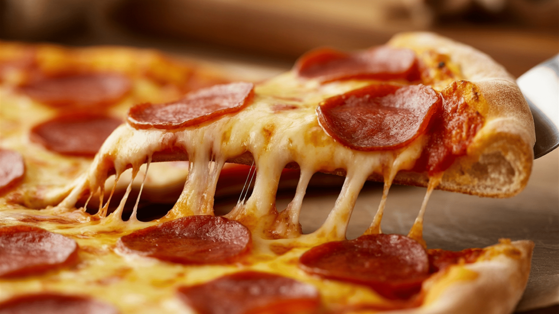 A slice of pepperoni pizza with melted, stretching mozzarella cheese is lifted off a pie.