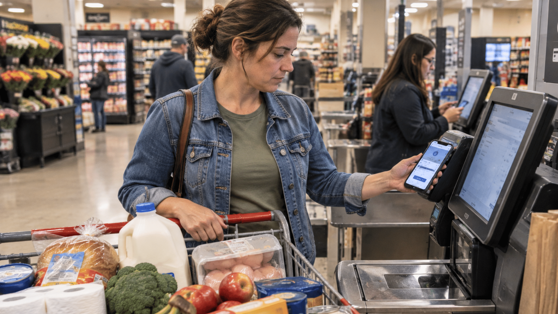 A woman holding a smartphone near a self-checkout screen while standing next to a full shopping cart.