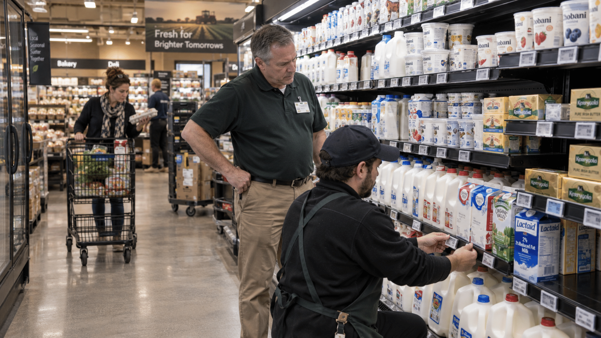 A store manager supervising an employee who is adjusting price tags on a dairy display shelf.