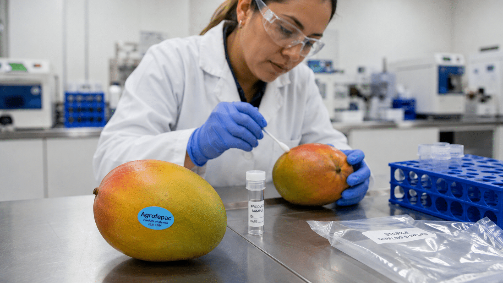 A laboratory scientist swabbing an Agrofepac mango to test food safety samples.