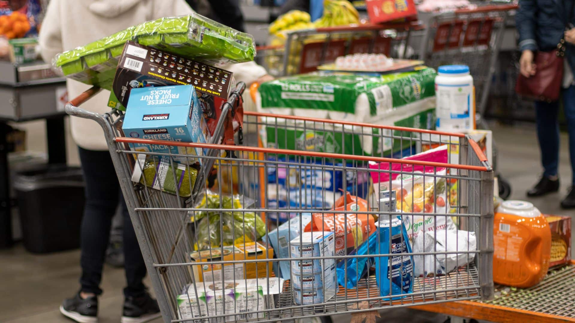 Shopping cart filled with bulk groceries and household products at a Costco store.